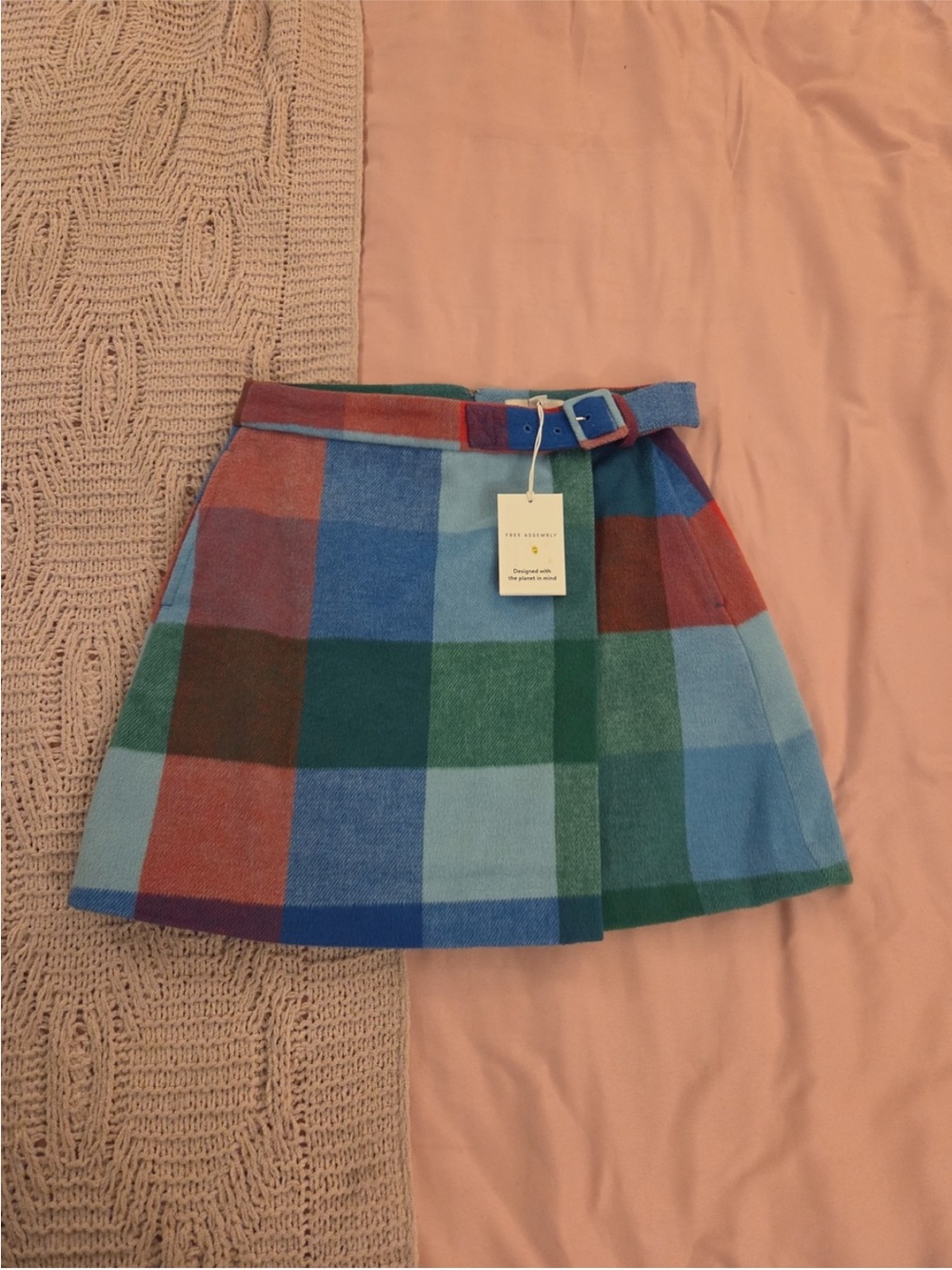 NWT Free Assembly Multicolor Plaid Wool Mini Skirt with Belt XS - Picture 1 of 4